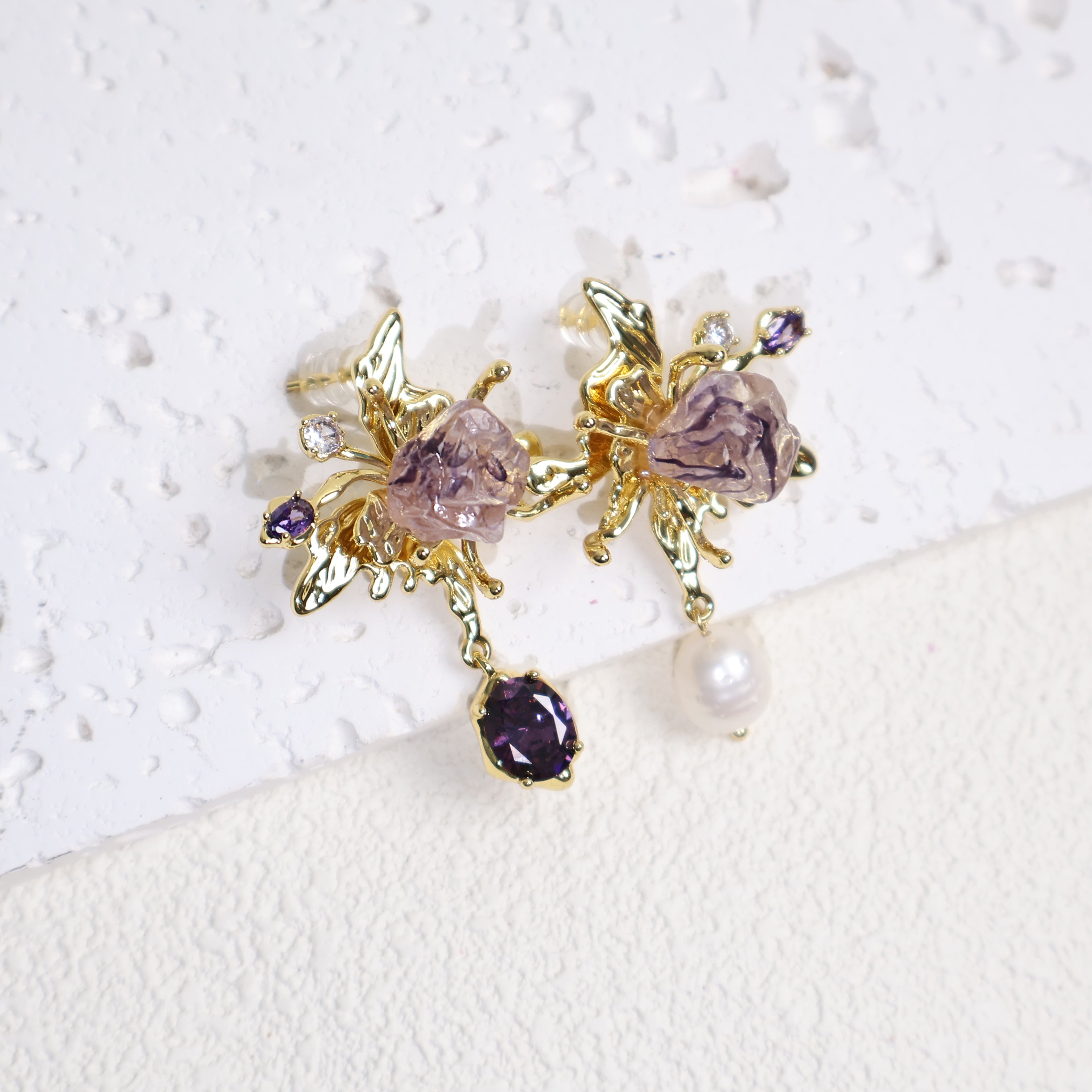 Asymmetrical Pearl And Zircon Butterfly Earrings