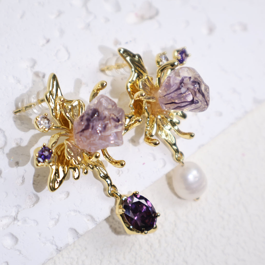 Asymmetrical Pearl And Zircon Butterfly Earrings