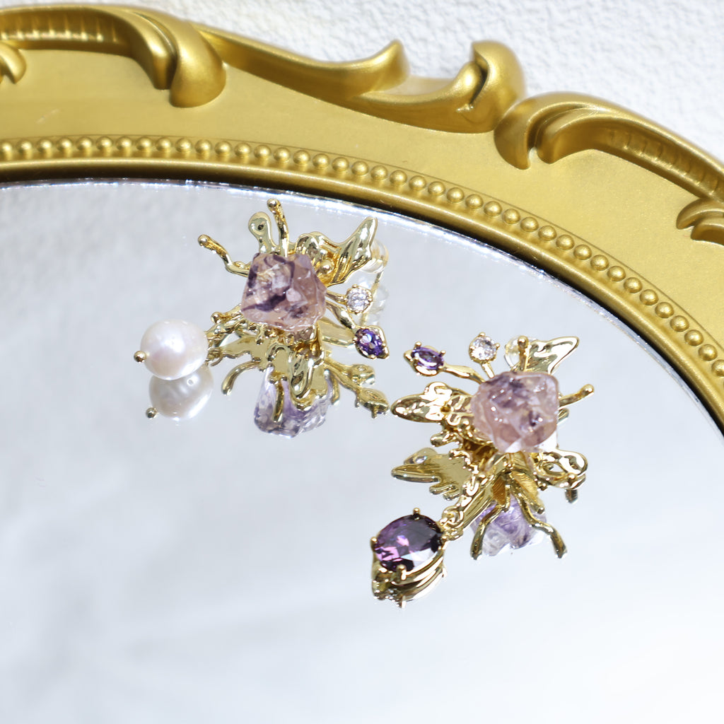 Asymmetrical Pearl And Zircon Butterfly Earrings