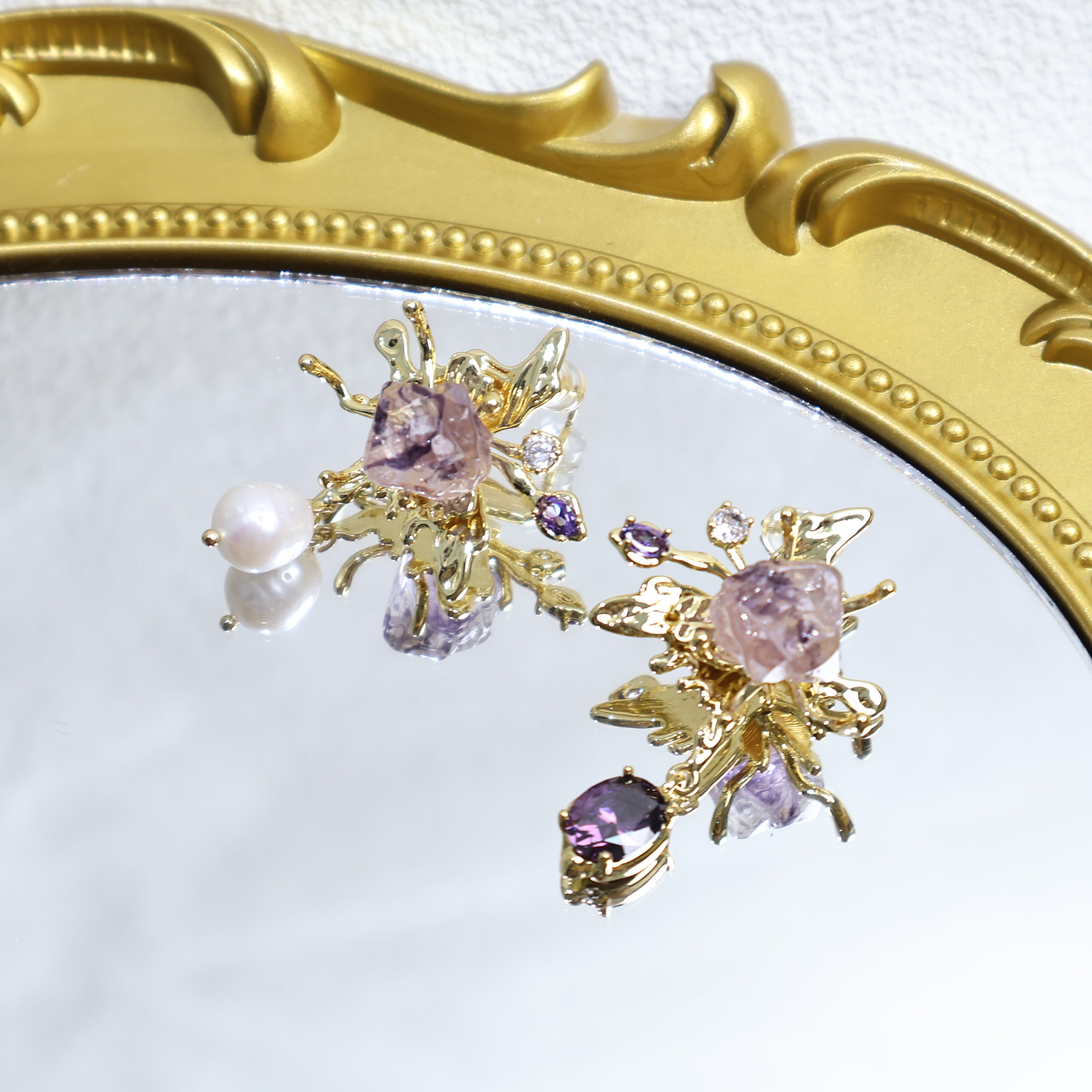 Asymmetrical Pearl And Zircon Butterfly Earrings