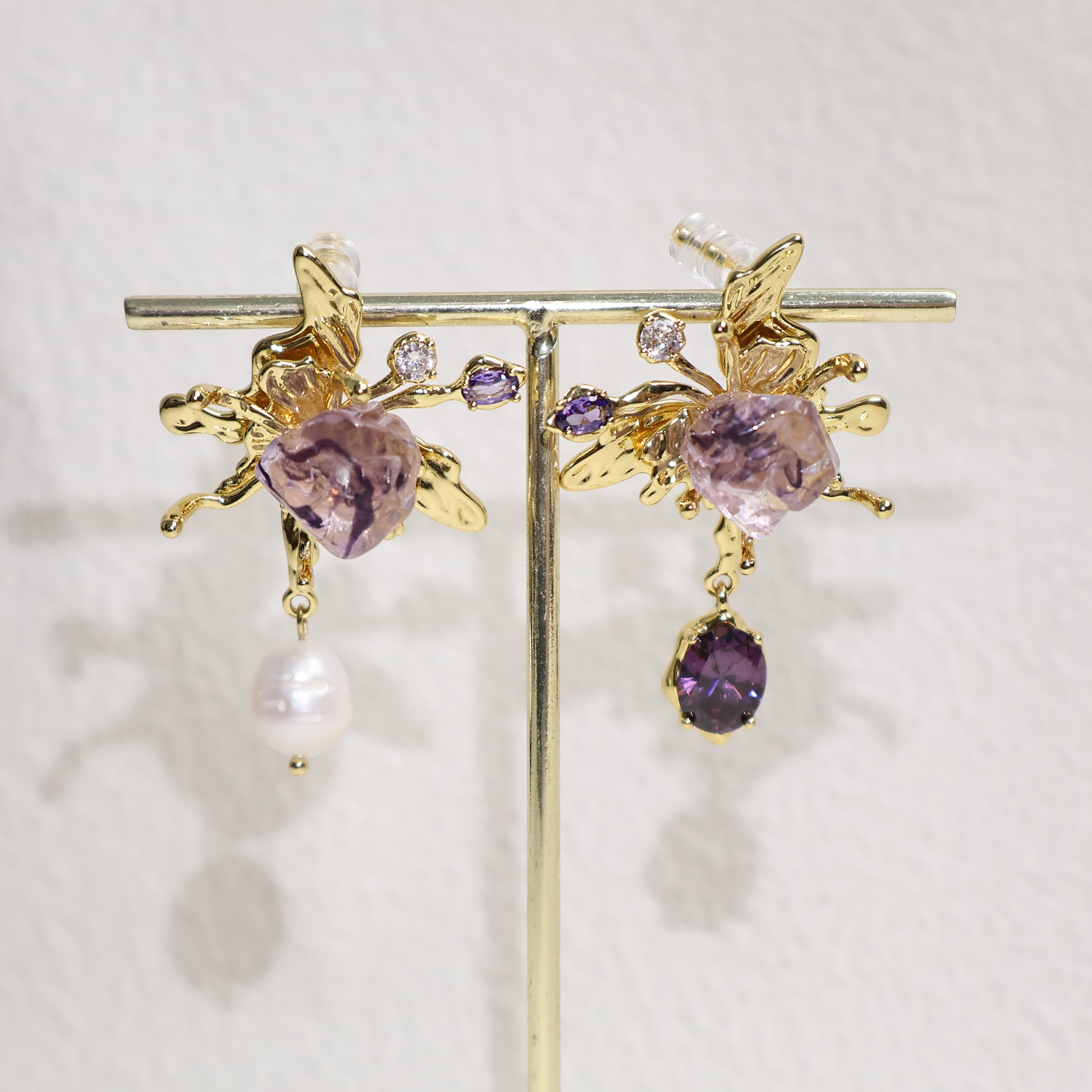 Asymmetrical Pearl And Zircon Butterfly Earrings
